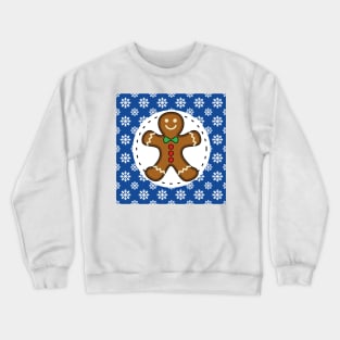 Gingerbread Man on Blue White Snowflakes Pattern Crewneck Sweatshirt